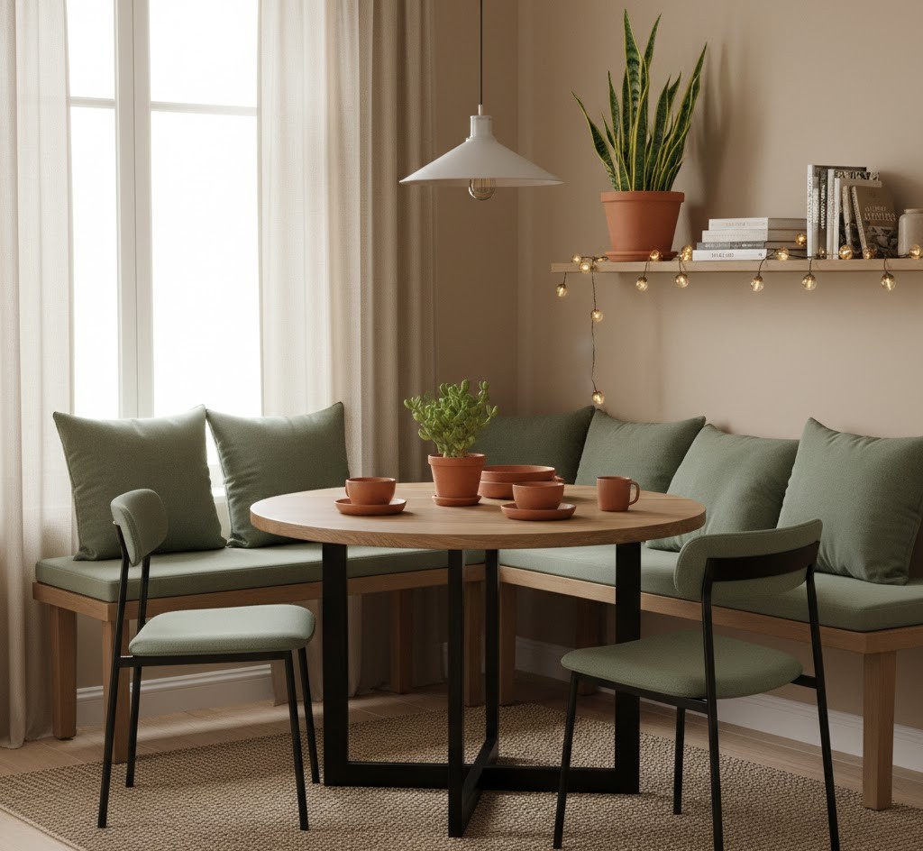 Casual dining nook with terracotta accents