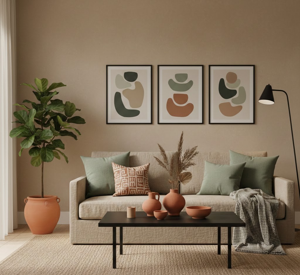 Elegant living room with natural textures