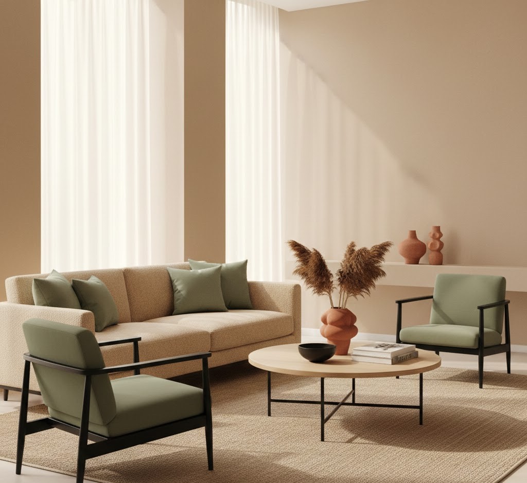 Contemporary lounge area with sage accents